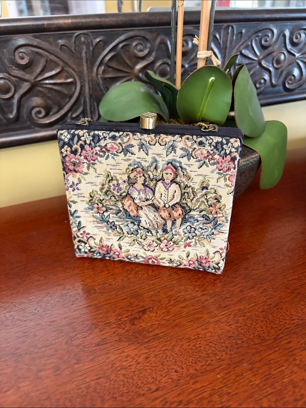 Vintage Tapestry Evening Bag with Victorian Figures with Attached Coin purse